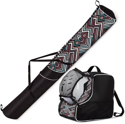 Premium Set Skitasche und Skischuhtasche für 1 Paar Ski-Stöcke-Schuhe-Helm mit Abnehmbarer Netztasche Pastel Zig ZAG [053]