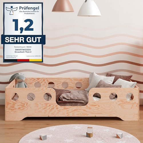 smartwood Kinder Bodenbett 90x200 cm – Kinderbett aus umweltfreundlichem Holz mit Rausfallschutz – Montessori Bett mit wählbarem Einstieg – Max. Belastung 230 kg – TILA 4