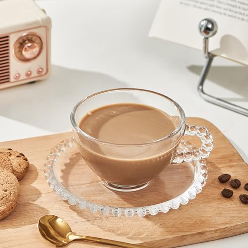 Eden & Willow Pearl Beaded Glass Cup and Saucer Set | Modern Tea and Coffee Drinkware Set (1, Pearl Beaded)