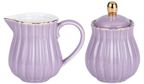 Jarsense Ensemble sucrier et crème en céramique avec couvercle et pichet à crème, pot à lait, pot à sucre, service à café avec plateau pour la maison, lait, café – Violet