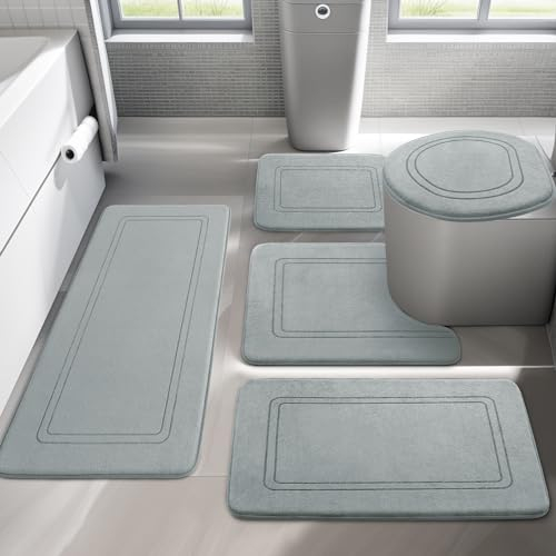 chakme Badezimmerteppich Set 5 Teilig, Weiche Memory-Schaum Badematte und U Förmige wc Vorleger, Badteppich rutschfest Waschbar Badvorleger Set Grau
