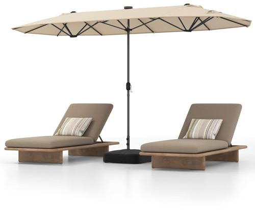 RELAX4LIFE Sonnenschirm, Doppelsonnenschirm mit Ständer & Handkurbel, Großer Marktschirm 400 x 200 cm, Gartenschirm, Terrassenschirm, Sonnenschutz (Beige, Mit LED-Solar-Beleuchtung)