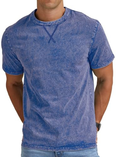 NITAGUT Men’s Distressed T-Shirts Cotton Crew Neck Vintage Tees Summer Casual Shorts Sleeves Tops,Blue,L