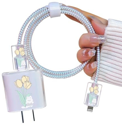 DiyGody Cute Cable Protector for iPhone 18W/20W Adapter with Kawaii Bunny Tulips Floral Flowers Design, Soft Clear Wire Saver USB-C Charger Cover Phone Cord Protector for iPhone 11 12 13 14 Pro Max