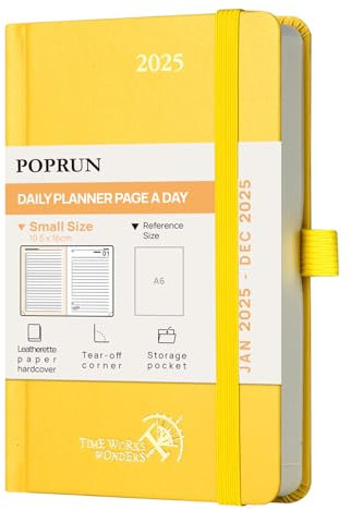 POPRUN Kalender 2025 Tagesplaner Hardcover 16 x 10,5 cm, Tageskalender A6 1 Tag 1 Seite (Montag - Sonntag), Terminplaner (Jan.2025-Dez.2025) mit Stiftschlaufe - Hellgelb