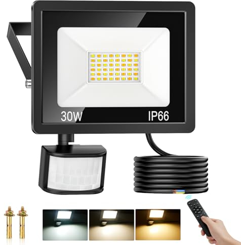 30W Projecteur LED Extérieur, 2700LM Projecteur LED Réglables 3 Couleurs avec Télécommande, IP66 Etanche Spot Led Exterieur Detecteur de Mouvement, Eclairage Exterieur pour Jardin, Patio, Garage