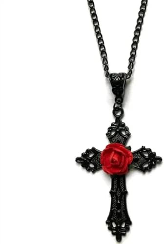 FUSHENGTER Halskette Damen Ketten Anhänger Frauen Gothic Schwarzes Kreuz Halskette Mit Roter Rose Goth Statement Charm Kreuz Anhänger Romantisch Rot