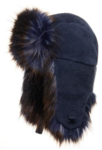 Futrzane Trappermütze aus Cord - Ushanka Damen - Winter Mütze mit Ohrenklappen (L, Marineblau - Marineblau mit Braun Siberian)
