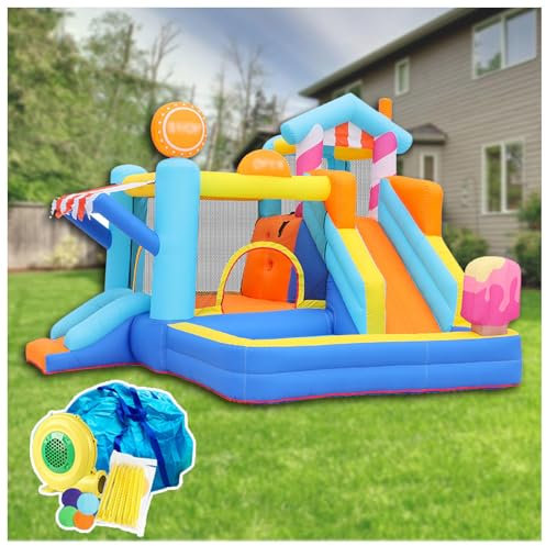 HBDSMLPL Bouncy Castle with Slide and Ball Pit for Kids, Trampoline, Climbing, Blower, Inflatable Pool with Slide for Children's Party,3.4×3.2×2.4M(LxWxH)