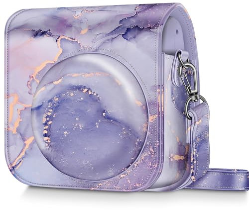 FINTIE Tasche für Fujifilm Instax Mini SE Sofortbildkamera - Premium Kunstleder Schutzhülle Reise Kameratasche Hülle Abdeckung mit abnehmbaren Einstellbar Riemen, Lila Marmor