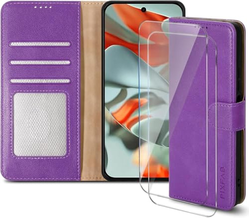PIXFAB Case for Samsung Galaxy S24 FE with 2 x Screen Protector Tempered Glass, Leather Wallet Phone Case, Magnetic Book Flip Folio Cover [RFID Protection & Card Slots] and [Kickstand] - Purple
