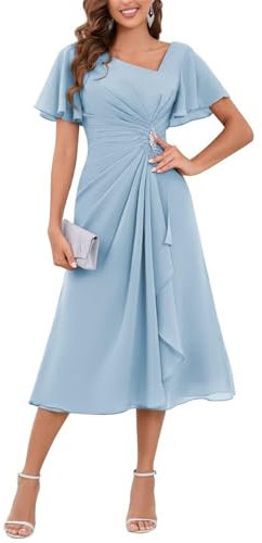 YIANN Light Blue Mother of The Bride Dresses Tea Length Mother of Groom Dress with Sleeves Chiffon Formal Party Gown UK22
