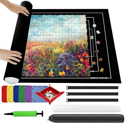 Ainiv Puzzle Roll Jigsaw Storage Felt Mat, Jigsaw Puzzle Roll Mat, Portable Puzzle Roll Up Storage Mat with Auxiliary Lines for up to 3000 Pcs, Foldable Puzzle Storage Felt Pad with Inflatable Pump