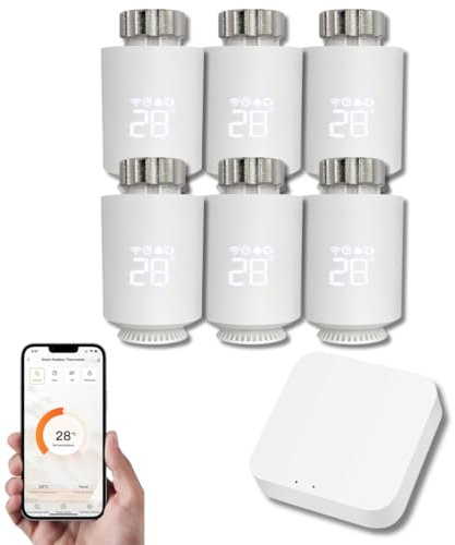 Tête Thermostatique Intelligente Connectée REKA - Contrôle Température Via Appli Tuya, Programmation, Détection Fenêtres Ouvertes - Compatible Assistants Vocaux (6, avec Passerelle)