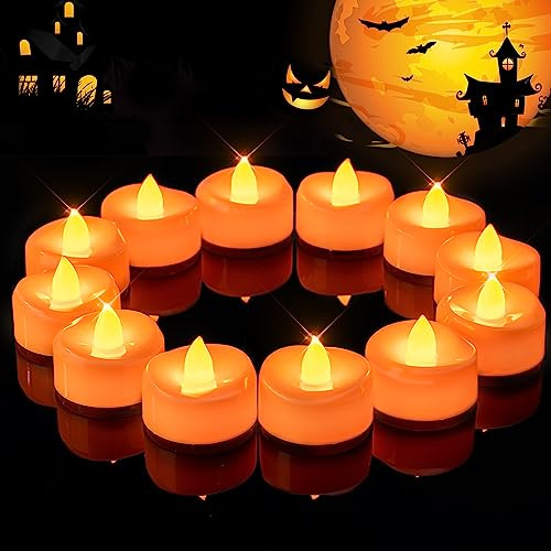merrynights 12 Pack Orange Tea Lights Candles Battery Operated, 200+ Hours | Flickering Flameless LED Tealight Candles,Bright Small Candles for Pumpkin,Jack O Lanterns,Theme Party, Halloween, Fall Decor