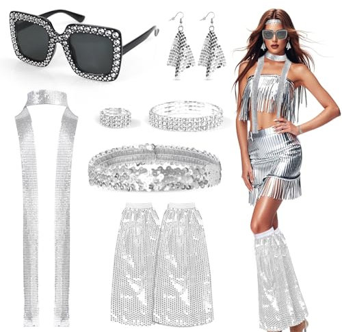9 Stück 70er 80er Disco Accessoires Disco Accessoires Kostüm mit Haarband Sonnenbrille langer Schal Ohrringe Armband Ring Glitzer Stulpen Disco Outfit Damen Glitzer Accessoires für Fasching Karneval