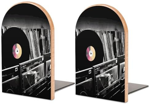 1 paire de serre-livres antidérapants en bois Muso imprimés de disques vinyles pour CD, serre-livres pour livres lourds, support d'étagère pour la maison et le bureau