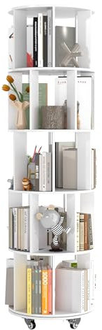 Suuiwau Massivholz 360° Drehbares Bücherregal mit Rädern, Bücherregal Kinder,Bookshelf Mit 5 Ebenen, Mit Rädern beweglich, Verstellbare Regalböden, für Kinder und Erwachsene, 46×46×165 cm, Weiß