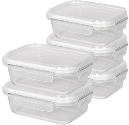 Harbour Housewares 640ml Glass Food Storage Containers with Lids - Clear/White - 5x Small Reusable Airtight Meal Prep Lunch Box Takeaway Cereal Pantry Tubs Set | Safe for Freezer and Microwave