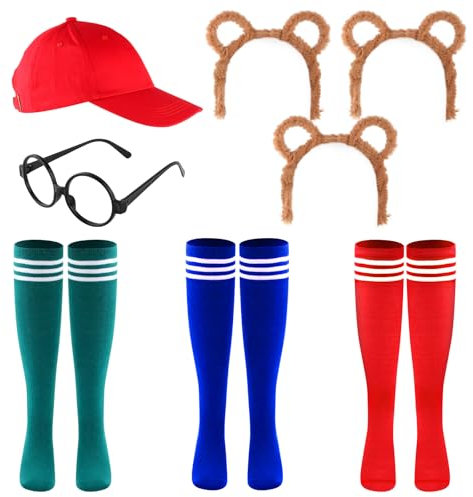 8 Stück Streifenhörnchen Kostüme Set, Chipmunks Kostüm Set 3 Streifenhörnchen Ohren Stirnband 3 Paar Kniestrümpfe Streifen Socken 1 Schwarze Runde Brillenrahmen 1 Rote Cap Tierkostüm Zubehör
