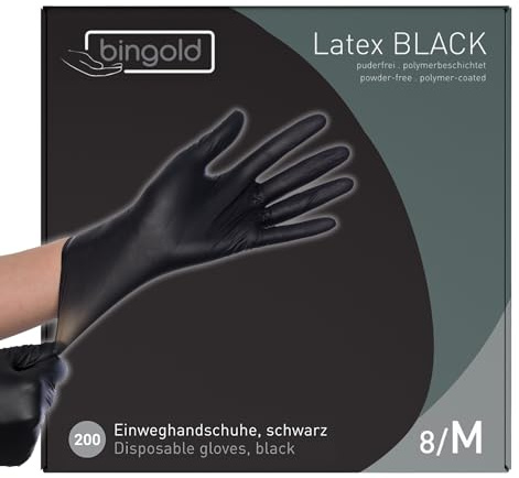 BINGOLD Einweghandschuhe Latex Black – 2 x 100 Stück Einmalhandschuhe Puderfrei, Latexhandschuhe Schwarz, Größe S, M, L, XL – Medizinische Qualität, Hohe Reißfestigkeit, Optimaler Grip (M)