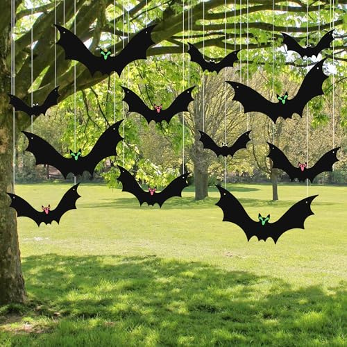 12PCS Hanging Bats Halloween Decorations Outdoor, Bats Hanging with Glowing Eyes, Bat Halloween Decorations to Hang on Trees, Porches, Yards, Lawns, Indoors