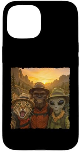 Lustiges Selfie-Wanderteam von Bigfoot Alien Cat, macht eine Wanderung Hülle für iPhone 15