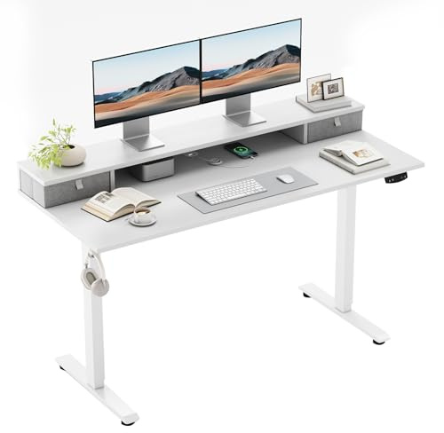 Klicelor Höhenverstellbarer Schreibtisch mit 2 Schubladen | 120 x 60 cm Schreibtisch elektrisch, Gaming Schreibtisch, Computertisch mit 2 Speicherplätzen für Homeoffice, Weiß