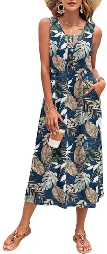 PLOKNRD Damen Sommerkleid Lang Ärmelloses Strandkleid mit Taschen