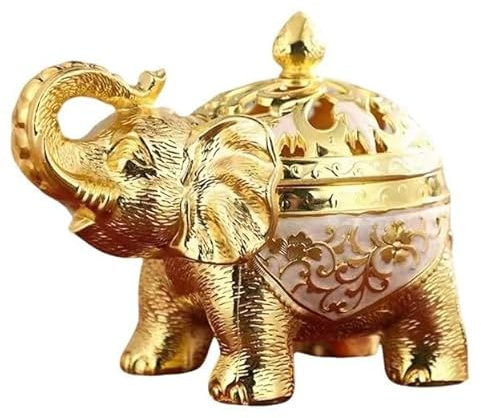 Räuchergefäß Vintage Räucher- Elefant Metall Weihrauchbrenner Räucherstäbchenhalter mit Deckel für Hause Büro Yoga Hotel Dekoration Geschen (Gold + Weiß)