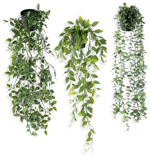 3 Stück Künstliche Pflanzen, Kunstpflanze Hängend, Hängepflanze Künstlich | Kunstpflanzen Wie Echt, Künstliche Hängepflanzen mit Töpf, Fake Plant Deko für Wohnzimmer, Schlafzimmer, Wände, Hausgarten