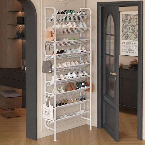 Ornestia Schuhregal Platzsparend Wandmontage, Schuhablage Hinter der Tür | Metall, 9 Ebenen, 70 x 20 x 177cm, 12 Haken, Offener Schuhschrank Schräg für Garderobe, Flur, Eingangsbereich, Schwarz