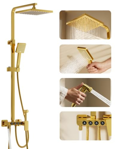 Columna Ducha, Columna de Ducha Oro Cepillado 4 in 1,Sistema de Ducha Latón | Conjunto de Ducha con Ducha de Techo de 225mm, Ducha de Mano, Grifo de Bañera y Ducha Higienica, Altura y Ángulo Ajustables