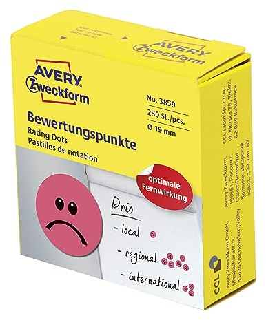 AVERY Zweckform 3859 selbstklebende Klebepunkte 250 Stück (negative Bewertungspunkte auf Rolle im Spender, Ø 19mm, Aufkleber trauriges Gesicht, Sticker zum Abstimmen, Bewerten und Kennzeichnen) rot