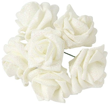 Full Glittered Foam Roses! Artificial Flowers Bling Glittery Shiny Fake Silk[White]