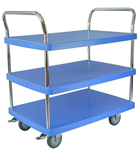 T-EQUIP Kunststoff-Servierwagen Y3-120, 3 Etagen, 2 Bügel, Tragfähigkeit: 150 kg, LxBxH: 710 x 455 x 950 mm