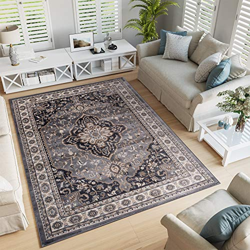 TAPISO Colorado Teppich Wohnzimmer Klassisch Kurzflor Grau Schwarz Beige Floral Ornament Muster Traditionell Orientteppich ÖKOTEX 60 x 100 cm