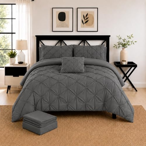 FIXTEXX Pintuck Duvet Cover Set of 5 with Fitted Sheet (150x200) with 35cm deep pockets and 2 Pillow Cases Includes Complementary Cushion Cover– Set of 5 (Charcoal, King)