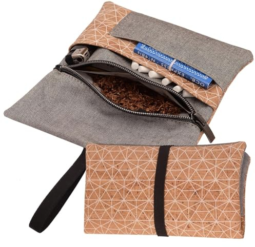 SIMARU Tabaktasche 'Metrisch' für 30g Tabakbeutel, Drehtabak Tasche ink. Filter-, Paper- und Feuerzeugfach, Drehertasche Frauen u. Männer (Grau/Beige)