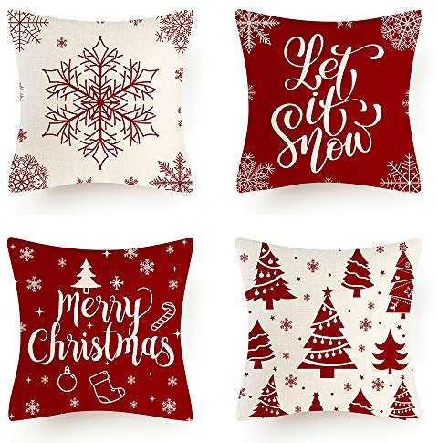 AMZQJD 4 Stück Kissenbezug Weihnachten Weihnachtselementstile Muster Dekorative Kissenhülle Baumwolle Leinen Sie Kissenbezüge (40 x 40 cm, Rot Weihnachten)