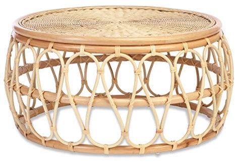 Desser Beijing Rattan Coffee Table – Circular Large Wicker Top Coffee Table with Natural Cane Pole Design – Luxury Indoor Conservatory or Living Room Furniture – H39cm x 83cm Diameter