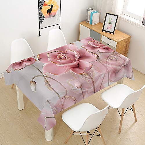 Hiser Tischdecke Wasserdicht Tischwäsche, Rechteckig Abwaschbar 3D Rose Drucken Polyester Tischdecken Abwischbar Tischtuch für Küche Party Outdoor Garten (rosa,140x160cm)