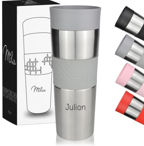 Milu Mug Isotherme Etanche avec gravure - 450ml - idée cadeau cadeau personnalisé cadeau d'anniversaire noël pour hommes femmes maman papa petite amie (450ml, Gris)