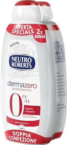 NEUTRO ROBERTS Bagnoschiuma Corpo Dermazero Ipoallergenico, Ottimo per Pelli Delicate e Sensibili, Privo di Sapone e Coloranti, Adatto a Uso Quotidiano e per l'Igiene dei Bambini, 2 Flaconi da 600 ml