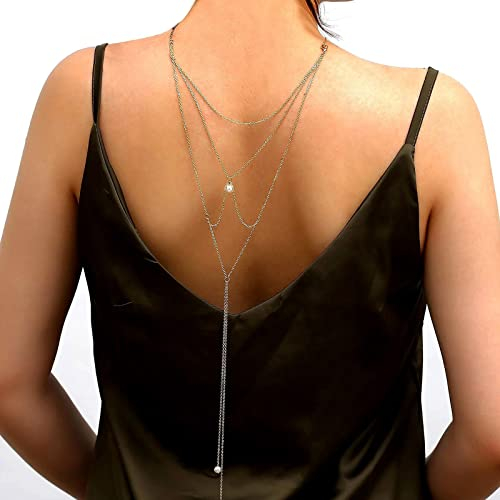 TseenYi Halskette mit Perlenkette, Boho-Perlenkette, Hintergrundkette, Brautperlen, Y-Rücken, Tropfenkette, Kette, Sommer, Hochzeit, rückenfreie Kette, Schmuck für Frauen und Mädchen (Silber)