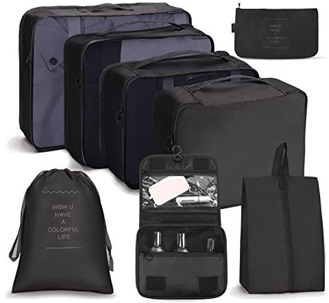 OSDUE Koffer Organizer Set 8-teilig, Packing Cubes, Wasserdichte Reise Kleidertaschen, Packtaschen für koffer, Kofferorganizer Reisetasche mit Kosmetiktasche, Schuhbeutel, USB Kabel Tasche (Schwarz)