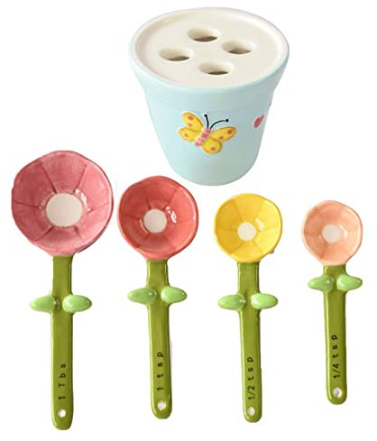 Meßlöffel Set - 4 Stück Porzellan Messlöffel mit Fuß,Nette Keramik Messlöffel in Mehlform 1 Esslöffel, 1 Teelöffel, 1/2 Teelöffel, 1/4 Teelöffel und 1 Tasse Abbto