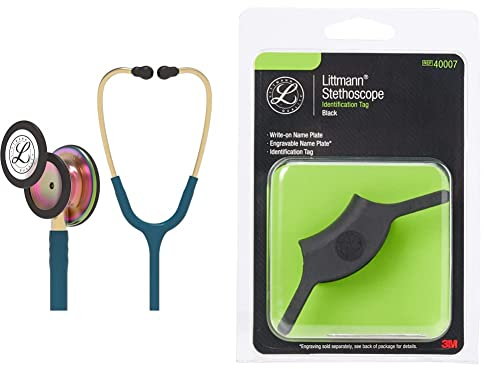 3M Littmann Classic III Stethoskop zur Überwachung, regenbogenfarbenes Bruststück, karibikblauer Schlauch, 69 cm, 5807 & 3M Littmann Stethoskop-Namensschild, Schwarz, 40007