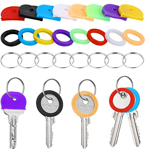 Prasacco 16 Stück Schlüsselkappen, Bunter Schlüsselabdeckungen Runde PVC Schlüsselkappen Schlüsselkennzeichnung Set mit 8 Schlüsselringen aus Eisen (Halbkreisförmig + kreisförmig, 8 Farben)