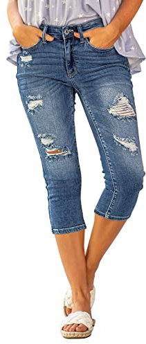 Roskiky Jeans Capri da donna, a vita alta, skinny a coste, Blu classico, M